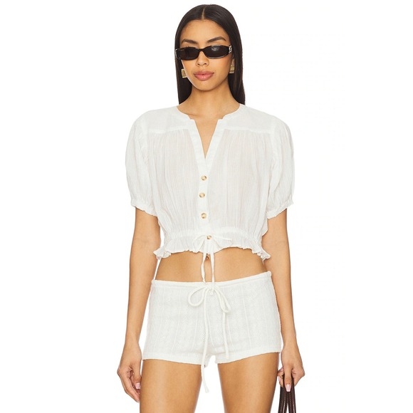 Free People Tops - NEW Free People Little Cloud Button-Up Crop Top V-Neck Short Sleeve Sheer XS